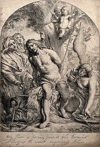 Martyrdom of Saint Sebastian. Etching by R. Eynhoudts after C. Schut.