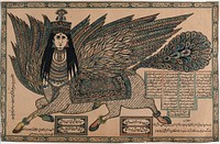 A winged creature. Woodcut with colour by an Indian artist, 18--.