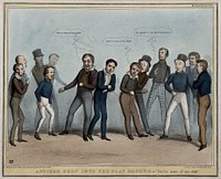 Lord Durham, surrounded by schoolboy politicians, is victimised in a game and jostled by Lord Melbourne. Coloured lithograph by H.B. (John Doyle), 1838.