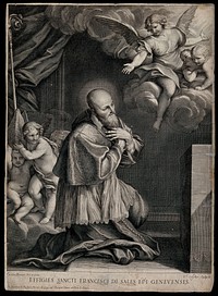 Saint Francis of Sales kneeling; angels and cherubim emerging from the clouds. Engraving by L. Visscher after C. Maratta.