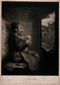 A shoemaker sits on a bench with a tankard of ale in his hands, his tools are lying around him and a pair of shoes are on the window sill. Mezzotint by J. Dean, 1786.