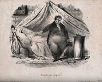 A corpulent physician diagnoses more leeches for a young woman, who lies drained and bedbound. Lithograph by P. Numa, c. 1833.