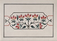 A floral pattern in a cartouche for pietra dura work (marble inlaid with semi-precious stones). Gouache painting by an Indian artist.