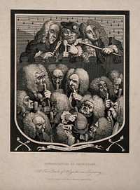 A shield containing a group portrait of various doctors and quacks, including Mrs Mapp, Dr. Joshua Ward and John Taylor. Engraving after W. Hogarth, 1736.