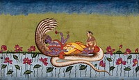 Lord Vishnu lying on the thousand-headed lord of the serpents, Anantha. Gouache painting by an Indian artist.