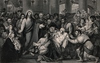 Crowds gather as Christ heals sick people. Engraving by T. Phillibrown after B. West.