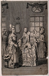 Women in fashionable dress talk to one another in an interior. Engraving.