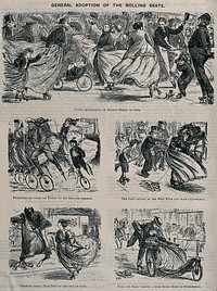Men, women and children are using roller skates as a mode of transport around the streets. Wood engraving.