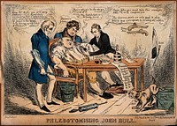 John Bull about to be bled by three doctors; representing Britain's budget manipulated by the cabinet. Coloured etching by J. Phillips, 1830.