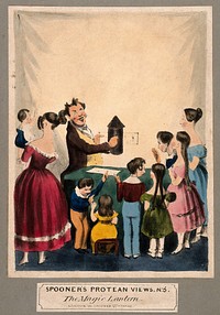 Children watching a magic lantern show. Coloured lithograph.