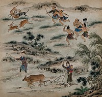 Aboriginal people of Formosa engaged in hunting deer and ploughing the fields. Painting by a Chinese artist from around 1850.