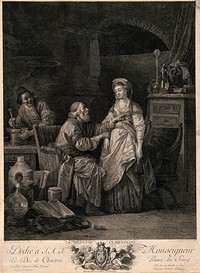 An old physician is taking a young woman's pulse and pointing to her heart, implying that she is suffering from lovesickness, the physicians' assistant is grinning and mixing a concoction. Engraving by I.S. Helman, 1775, after J.B. Leprince, 1773.