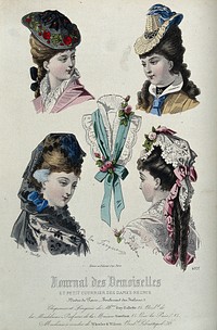 The heads and shoulders of four women and a lace collar: the upper two women wear hats decorated with flowers and ribbons, the lower two wear lace head-dresses. Coloured line block by A. Chaillot after E. Jecqueurs.