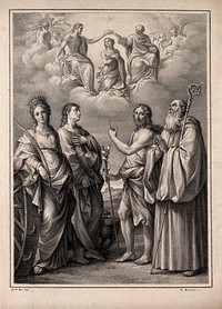 The coronation of the Virgin with four saints: Saint Catherine of Alexandria, Saint John the Evangelist, Saint John the Baptist and Saint Benedict or Saint Romuald. Drawing by F. Rosaspina, c. 1830, after G. Reni.