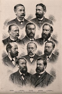 Ten German gynaecologists. Wood engraving by F. Waibler, 1890, after photographic portraits.