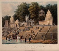 Ghat on the Ganges : a crowd preparing for a suttee, or widow-burning. Coloured aquatint by R.G. Reeve, J. Willis and H. Melville after R.M. Grindlay, ca. 1830 .