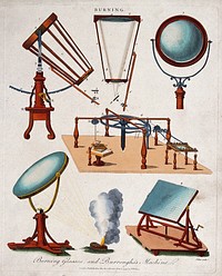 Chemistry: burning-glasses and a glass-polishing machine. Coloured engraving by J. Pass, 1799.