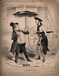 A man influenced by the fashion for hydropathy stands in the rain and encounters a friend. Lithograph, c. 1845.