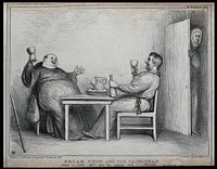 Daniel O'Connell as a fat friar in merry company with Lord Melbourne the sacristan, as Lord Brougham sneaks a look from behind a door. Lithograph by H.B. (John Doyle), 1839.