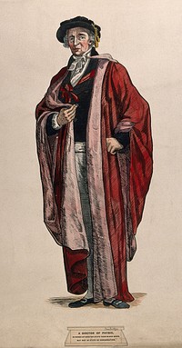 Sir Isaac Pennington in his ceremonial robes as doctor of physic at Cambridge. Coloured pen drawing.