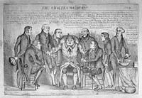 John Bull being examined by eight doctors representing politicians, who diagnose his illness as cholera. Lithograph, ca. 1832.