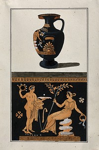 Above, red-figured Greek water jar (hydria); below, detail of decoration showing a seated woman holding a leafy branch and a naked youth holding a plate. Watercolour by A. Dahlsteen, 176- .