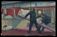 World War I: improvised accommodation for wounded in a man of war. Oil painting by Godfrey Jervis Gordon ("Jan Gordon").