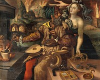 A young woman, perhaps Prudentia, warns an alchemist of the dangers of abusing fire: in the background fires rage in buildings and mines. Oil painting after Marten de Vos.