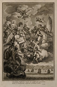 The discovery of herbal medicines, their transport by ship from the East Indies and their presentation to the pagan deities. Engraving after Adolf van der Laan, 1741.