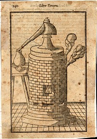 Chemistry: a large vessel for distillation, on a furnace. Woodcut after M. Augusti.