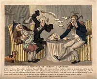 A doctor and footman hurling pudding at each other in an attempt to make the obese patient laugh in order to cure his quinsey. Coloured engraving by R. Newton, 1797.