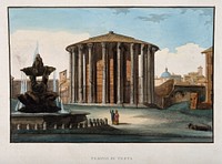 Temple of Vesta or Fortuna Virilis, Rome. Coloured etching.