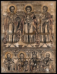 Saint Damian, Saint Pantaleon and Saint Cosmas with four other saints below. Woodcut.