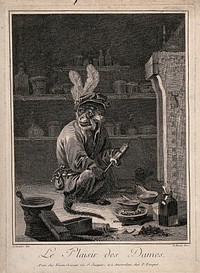 A monkey holding a clyster in an apothecary's shop. Engraving by F. Basan after D. Teniers the younger.