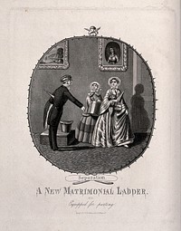 A young woman has decided to leave home and her cases are waiting by the door as the young man points to her way out. Aquatint by C. Hunt, 1853, after T. Onwhyn.