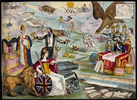 Astronomy: various apocalyptic scenes, including a seated Napoleon III with a smiling Queen Victoria, a woman pursued by a polar bear, and a battle in Russia. Coloured lithograph, [c.1867].