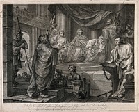Saint Paul: with his hands in chains, he pleads his case at Caesarea before the Roman procurator of Judea, Antonius Felix. Engraving by W. Hogarth after himself, 1752.