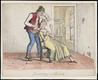 A shopkeeper sews up his wife's mouth to stop her from nagging. Coloured etching by T.L. Busby, ca. 1826.