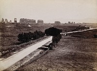 The Claudian aqueduct (Aqua Claudia), Rome, with the Via Appia in the foreground. Photograph, 1880/1920.
