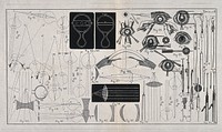A sheet showing optical instruments, eye examinations, diagrams to show the effect of lenses and diagrams of the eye with a numbered key. Wood engraving.