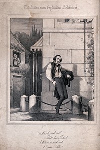 A young lover has been mistaken for a burglar and got shot with pellets. Lithograph.
