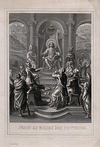 The young Christ lectures the doctors of the Temple. Engraving by E. Rouargue.