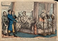 Bonnell Thornton lying ill in bed, consulting three physicians and pointing out their inadequacies. Coloured etching attributed to C. Williams.