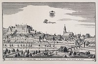 Tübingen, Germany: panorama with key and crest. Reproduction of a line engraving by K. Merian.
