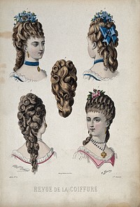 The heads of four women wearing chignons with large curls attached to their natural hair; a chignon piece. Coloured engraving, 1875, after E. Thirion.
