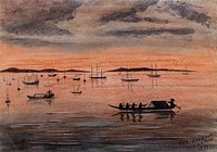 Singapore: sunset over the harbour. Watercolour by J. Taylor, 1879.