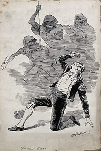 A man representing Spain is about to stab three hooded skeletons representing rebellion, fever and famine; representing the position of Spain in the Spanish-American War, 1898. Drawing by W. Parkinson, ca. 1898.
