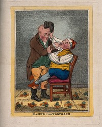 A tooth-drawer extracting a tooth from a patient who is in such pain that he pulls the tooth-drawer's wig off. Coloured etching after J. Gillray .