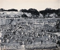 Menufia Canal, Egypt: reconstruction work to the first Aswan Dam: men at work: elevated view. Photograph by D. S. George, 1910.