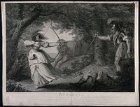 Atalanta defending her chastity during a hunt by shooting her pursuer. Engraving by J.K. Baldrey after H.W. Bunbury, 1790.
